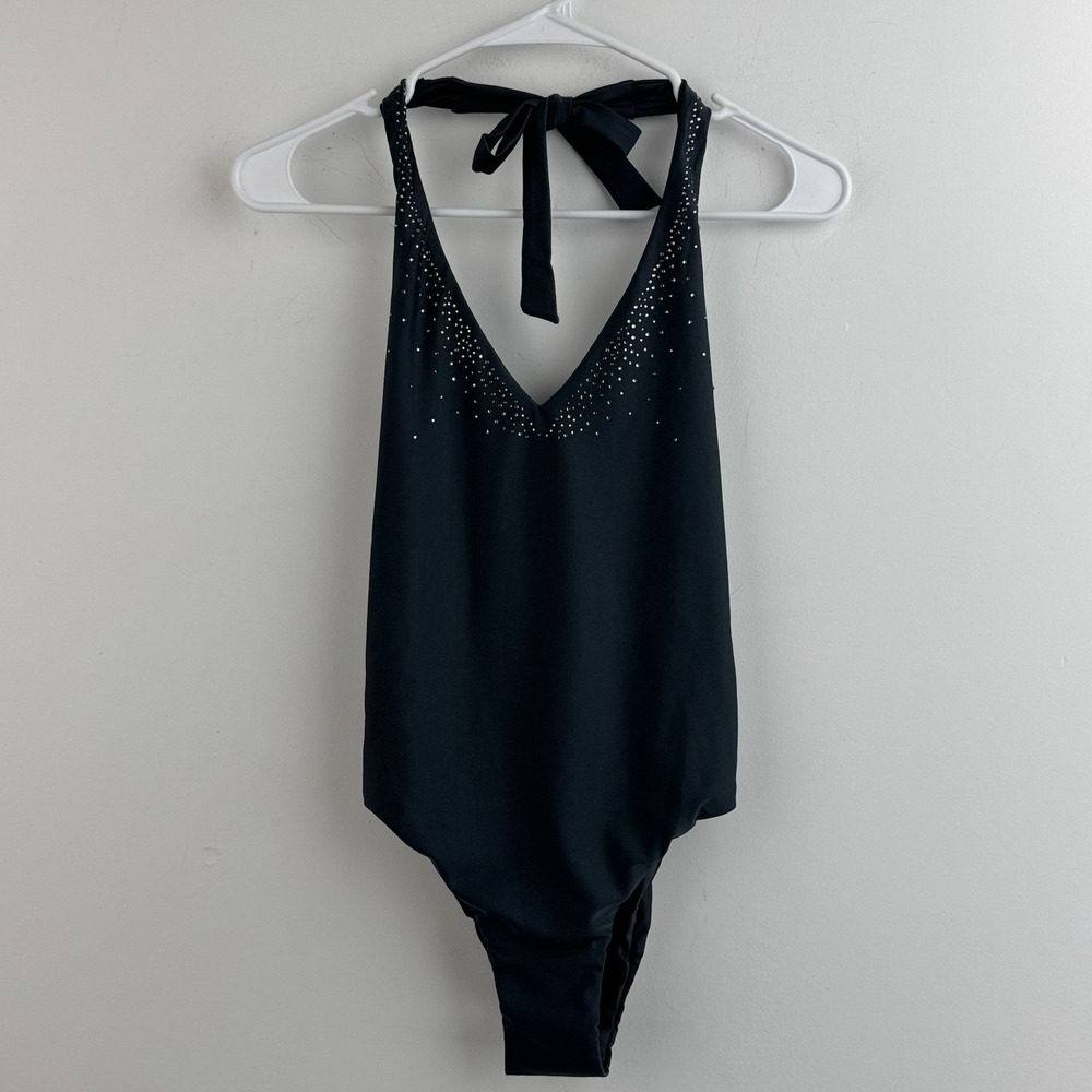 Bellissima One Piece Swimsuit Women's M Black Pearl Halter Rhinestone NWT